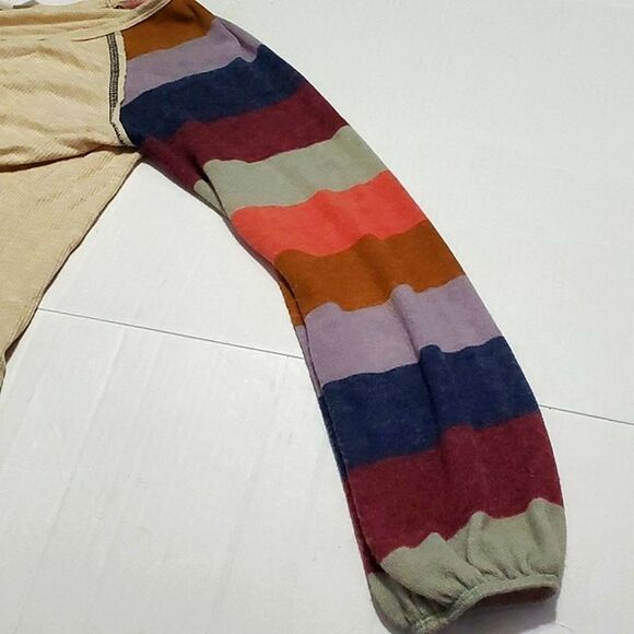 Twenty Ten Boho Trendy Tan & Striped Balloon Sleeves Flowy Waffle Sweater Top - Picture 7 of 9